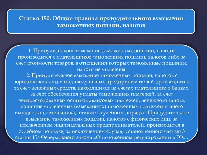 Статья 150. Общие правила принудительного взыскания таможенных пошлин, налогов 1. Принудительное