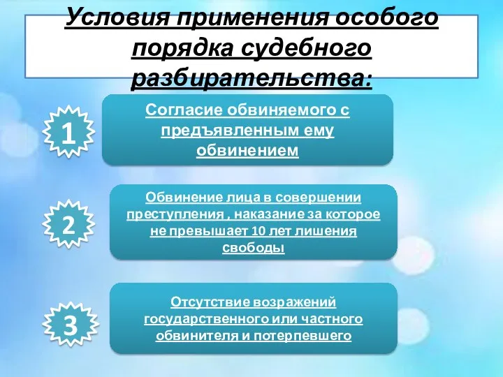 Условия применения особого порядка судебного разбирательства: 1 Согласие обвиняемого с предъявленным