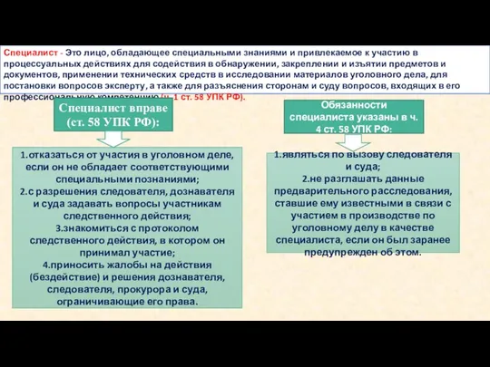 Специалист - Это лицо, обладающее специальными знаниями и привлекаемое к участию