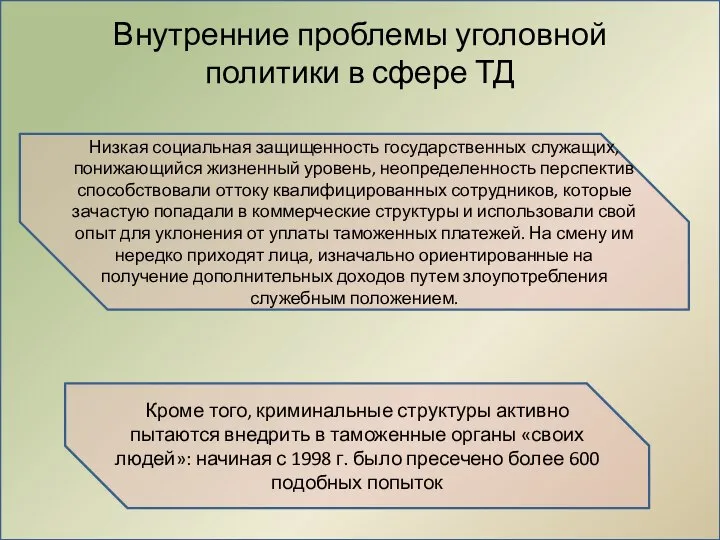 Внутренние проблемы уголовной политики в сфере ТД Кроме того, криминальные структуры