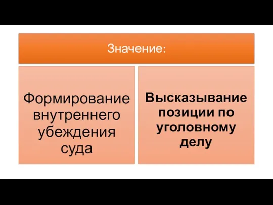 Значение: Формирование внутреннего убеждения суда Высказывание позиции по уголовному делу