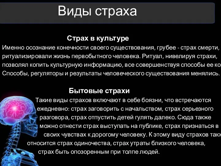 Виды страха Страх в культуре Именно осознание конечности своего существования, грубее