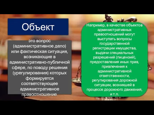 Объект это вопрос (административное дело) или фактическая ситуация, возникающие в административно-публичной