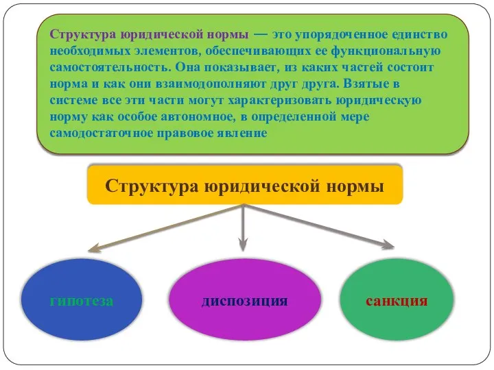 Структура юридической нормы — это упорядоченное единство необходимых элементов, обеспечивающих ее