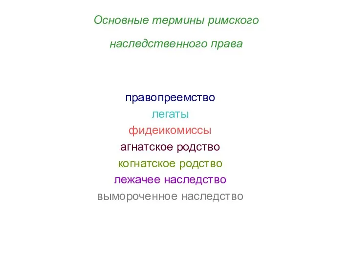 Основные термины римского наследственного права правопреемство легаты фидеикомиссы агнатское родство когнатское родство лежачее наследство вымороченное наследство