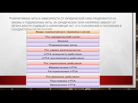 Нормативные акты в зависимости от юридической силы разделяются на законы и