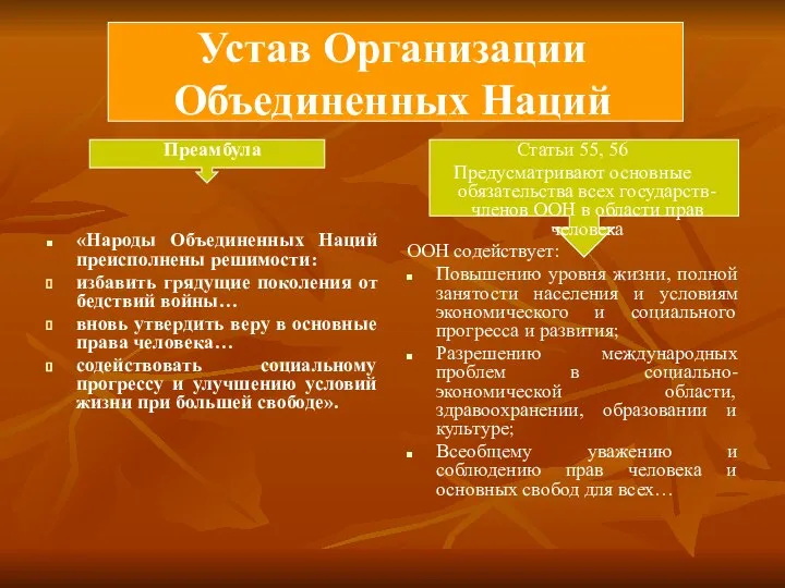 Устав Организации Объединенных Наций Преамбула «Народы Объединенных Наций преисполнены решимости: избавить