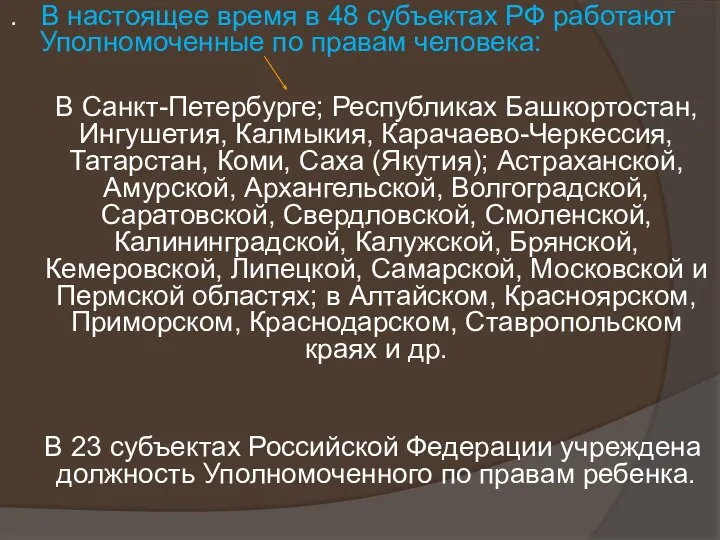 . В настоящее время в 48 субъектах РФ работают Уполномоченные по