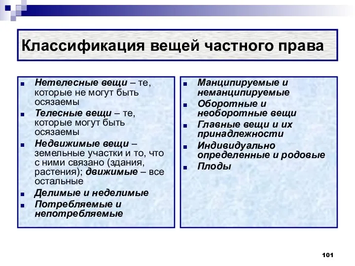 Классификация вещей частного права Нетелесные вещи – те, которые не могут