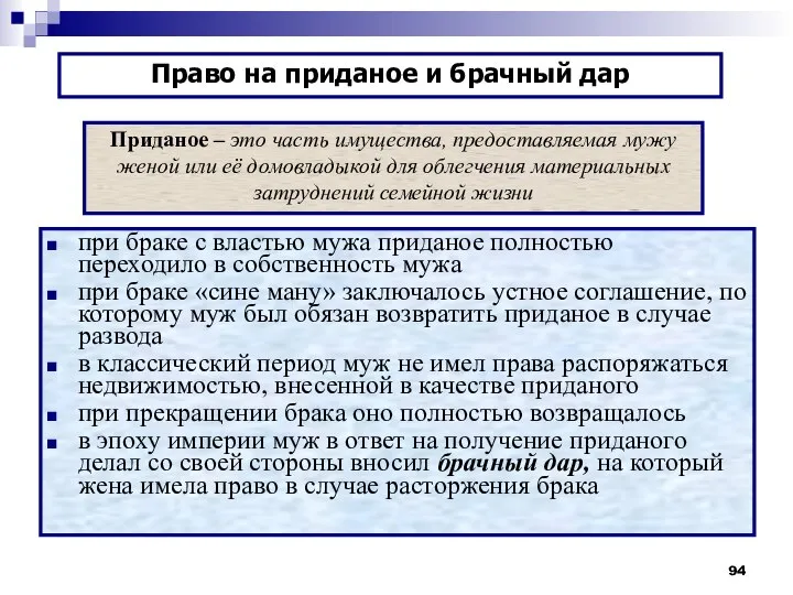 при браке с властью мужа приданое полностью переходило в собственность мужа