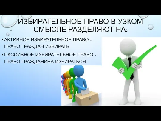 Избирательное право в узком смысле разделяют на: активное избирательное право -