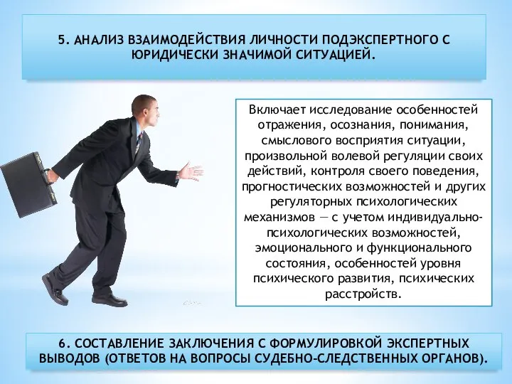 5. АНАЛИЗ ВЗАИМОДЕЙСТВИЯ ЛИЧНОСТИ ПОДЭКСПЕРТНОГО С ЮРИДИЧЕСКИ ЗНАЧИМОЙ СИТУАЦИЕЙ. Включает исследование