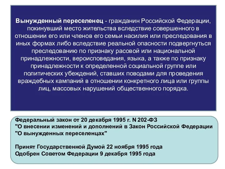 Вынужденный переселенец - гражданин Российской Федерации, покинувший место жительства вследствие совершенного