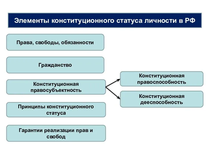 Элементы конституционного статуса личности в РФ Права, свободы, обязанности Гражданство Конституционная