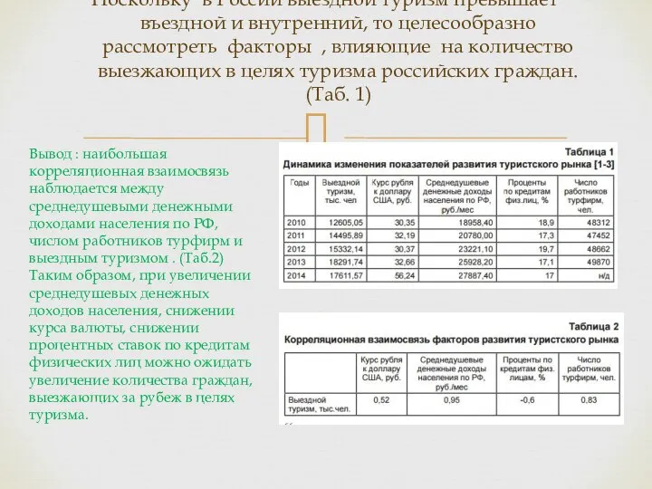 Поскольку в России выездной туризм превышает въездной и внутренний, то целесообразно