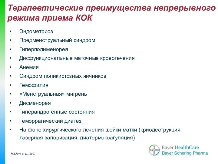 Терапевтические преимущества непрерывного режима приема КОК M.Sillem et al., 2001 Эндометриоз