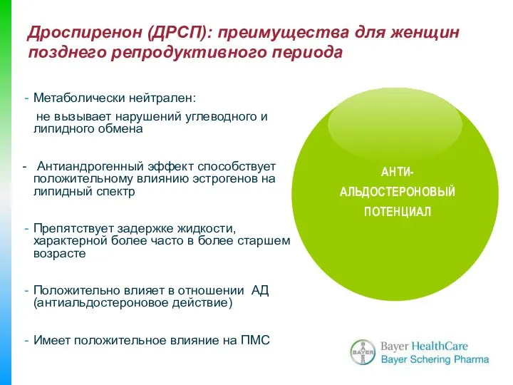 Дроспиренон (ДРСП): преимущества для женщин позднего репродуктивного периода Метаболически нейтрален: не