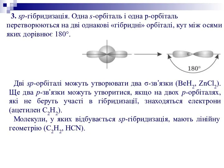 3. sp-гібридизація. Одна s-орбіталь і одна р-орбіталь перетворюються на дві однакові