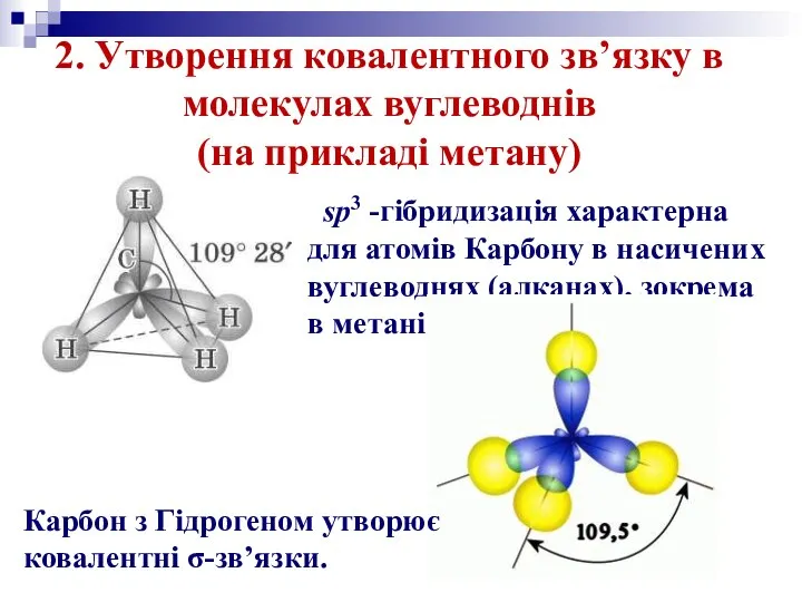 2. Утворення ковалентного зв’язку в молекулах вуглеводнів (на прикладі метану) sp3