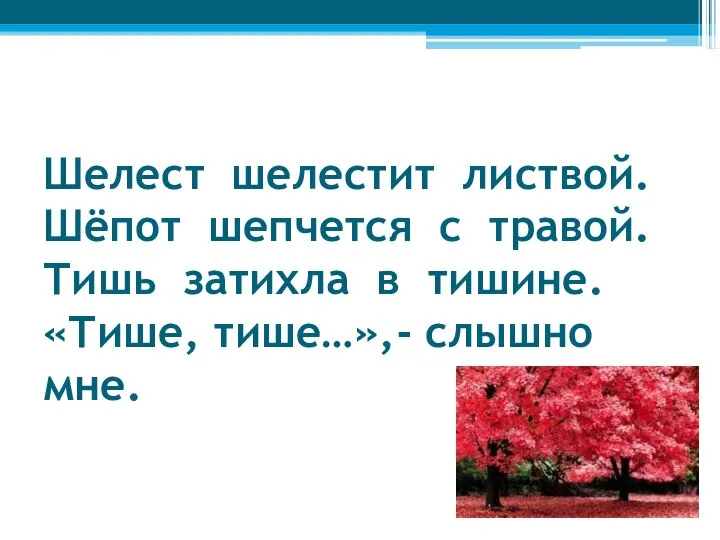 Шелест шелестит листвой. Шёпот шепчется с травой. Тишь затихла в тишине. «Тише, тише…»,- слышно мне.