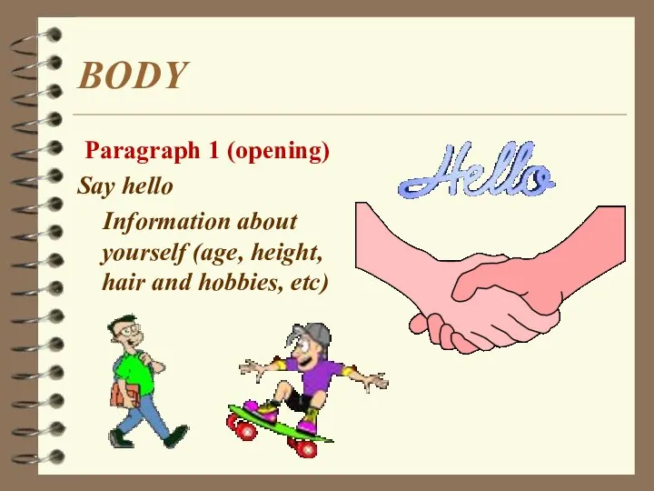 BODY Paragraph 1 (opening) Say hello Information about yourself (age, height, hair and hobbies, etc)