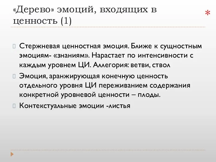 «Дерево» эмоций, входящих в ценность (1) Стержневая ценностная эмоция. Ближе к