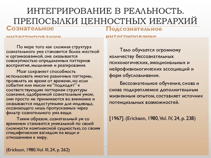 ИНТЕГРИРОВАНИЕ В РЕАЛЬНОСТЬ. ПРЕПОСЫЛКИ ЦЕННОСТНЫХ ИЕРАРХИЙ Сознательное интегрирование Подсознательное интегрирование По