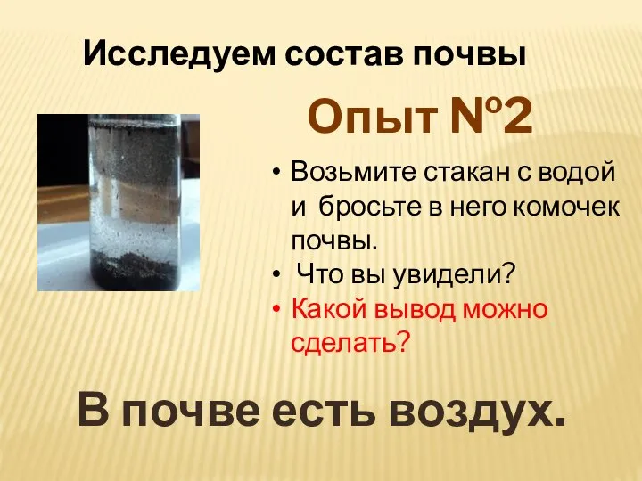 Возьмите стакан с водой и бросьте в него комочек почвы. Что