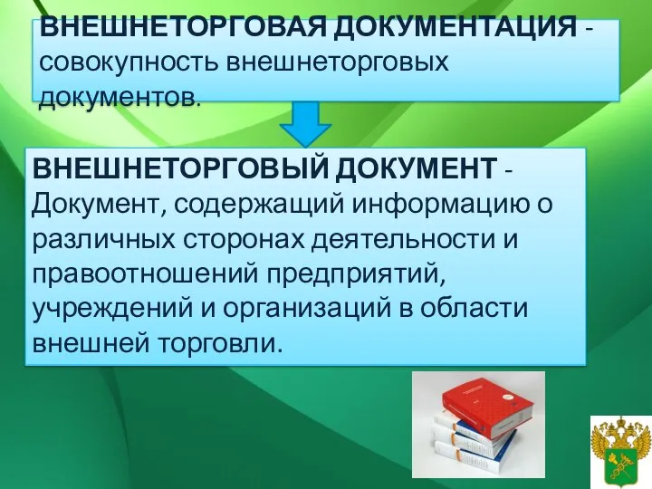 ВНЕШНЕТОРГОВАЯ ДОКУМЕНТАЦИЯ - совокупность внешнеторговых документов. ВНЕШНЕТОРГОВЫЙ ДОКУМЕНТ - Документ, содержащий