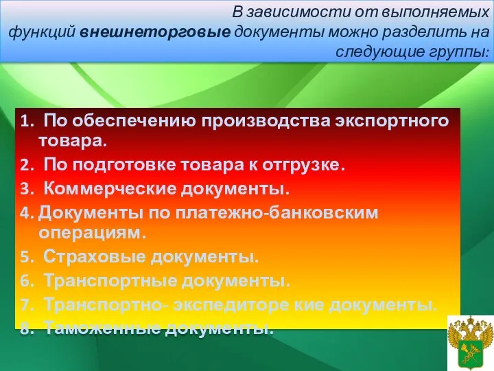 1. По обеспечению производства экспортного товара. 2. По подготовке товара к