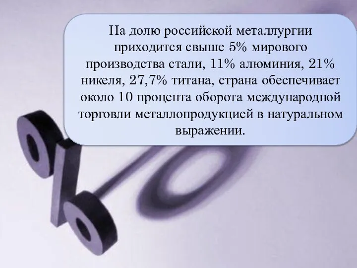 На долю российской металлургии приходится свыше 5% мирового производства стали, 11%