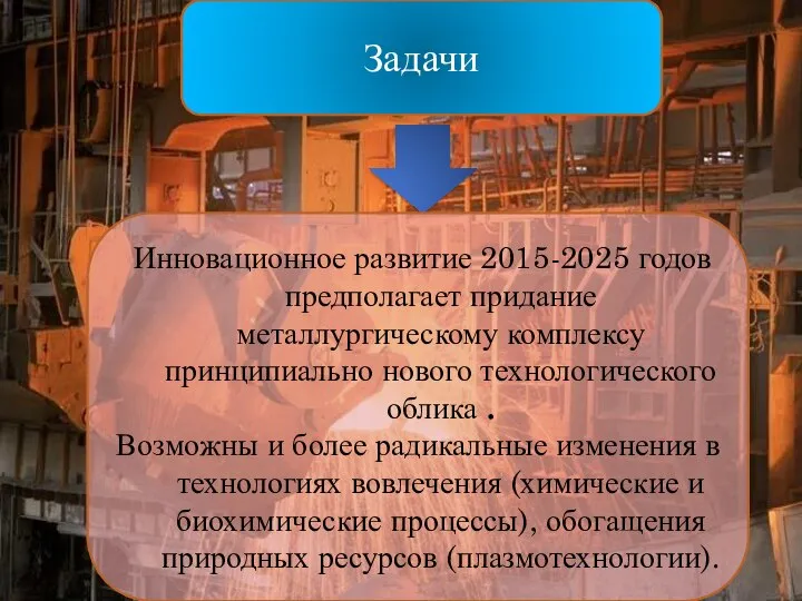 Задачи Инновационное развитие 2015-2025 годов предполагает придание металлургическому комплексу принципиально нового