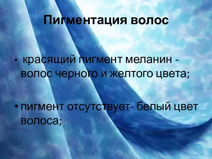 Пигментация волос красящий пигмент меланин - волос черного и желтого цвета; пигмент отсутствует- белый цвет волоса;