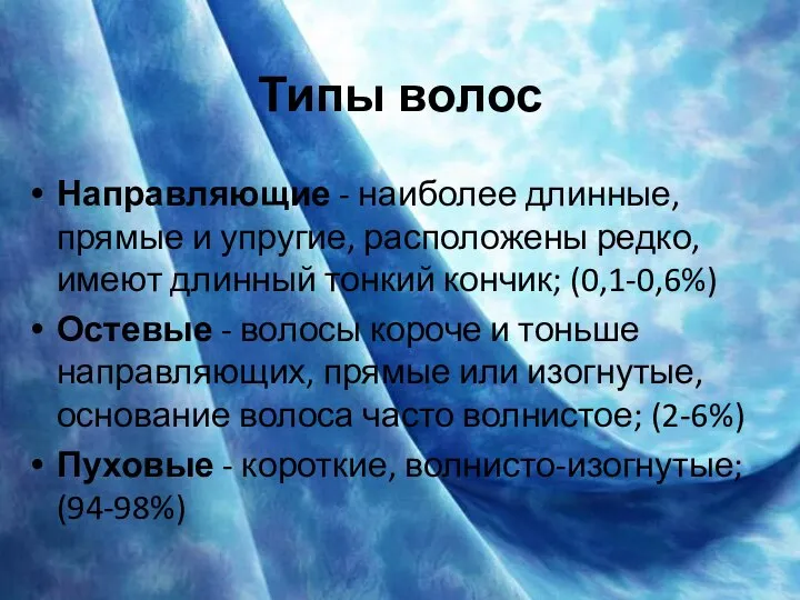 Типы волос Направляющие - наиболее длинные, прямые и упругие, расположены редко,