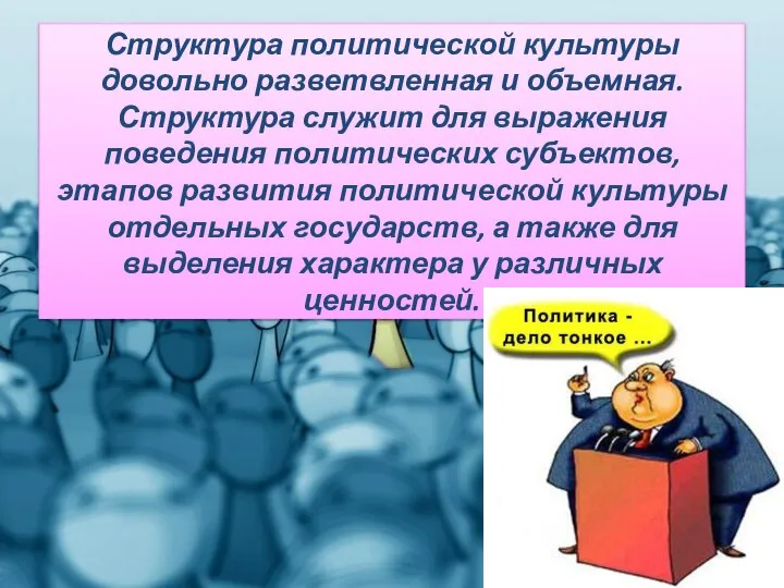 Структура политической культуры довольно разветвленная и объемная. Структура служит для выражения