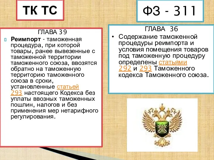 ГЛАВА 39 Реимпорт - таможенная процедура, при которой товары, ранее вывезенные