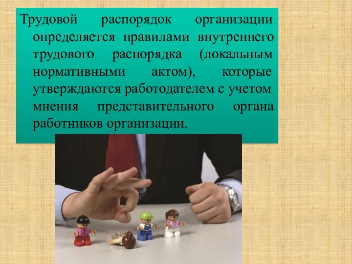 Трудовой распорядок организации определяется правилами внутреннего трудового распорядка (локальным нормативными актом),