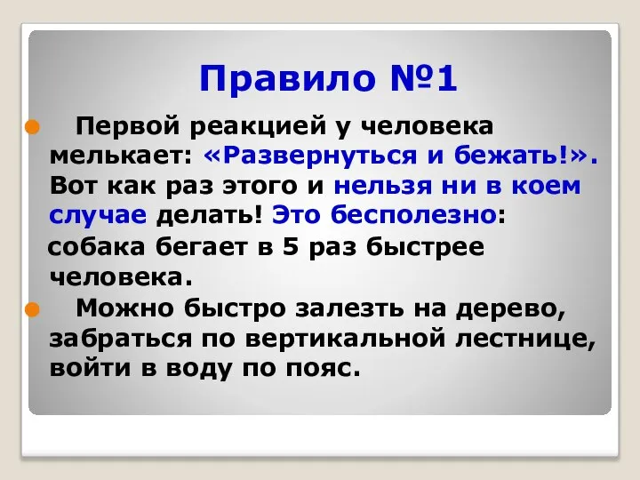 Правило №1 Первой реакцией у человека мелькает: «Развернуться и бежать!». Вот