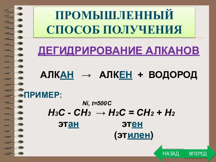 ПРОМЫШЛЕННЫЙ СПОСОБ ПОЛУЧЕНИЯ ДЕГИДРИРОВАНИЕ АЛКАНОВ АЛКАН → АЛКЕН + ВОДОРОД ПРИМЕР: