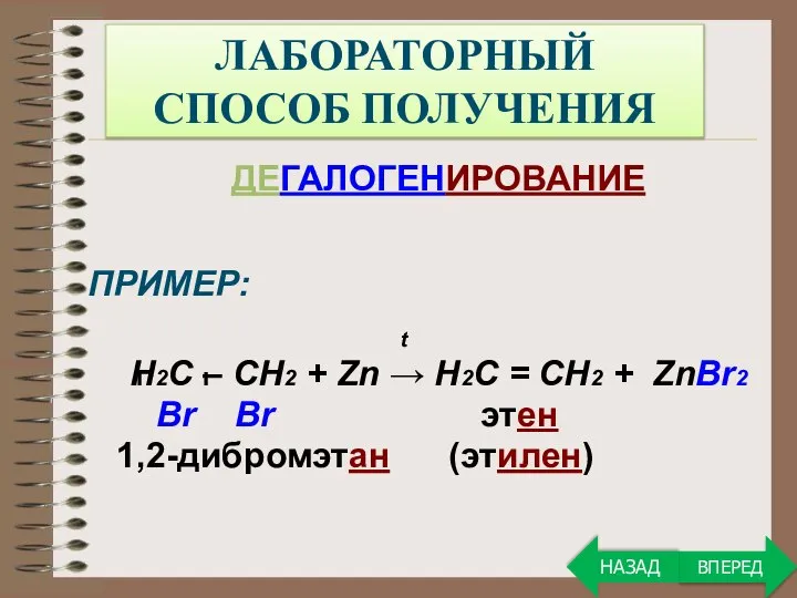 ЛАБОРАТОРНЫЙ СПОСОБ ПОЛУЧЕНИЯ ДЕГАЛОГЕНИРОВАНИЕ ПРИМЕР: t Н2С – СН2 + Zn