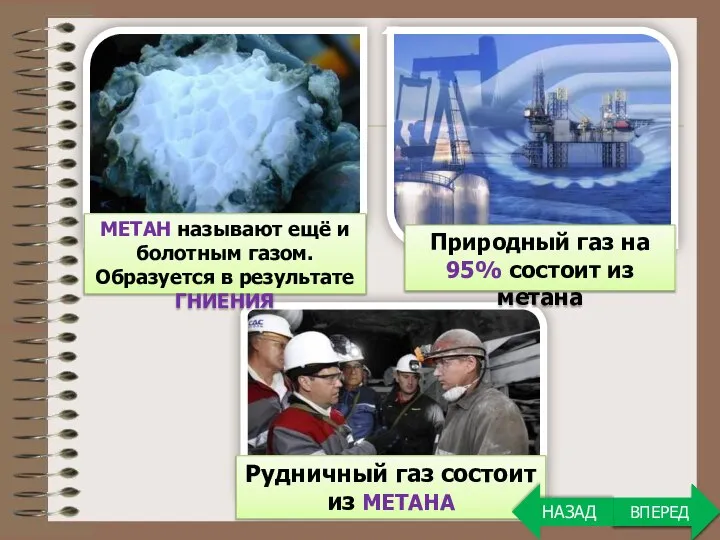 ВПЕРЕД Рудничный газ состоит из метана Природный газ на 95% состоит