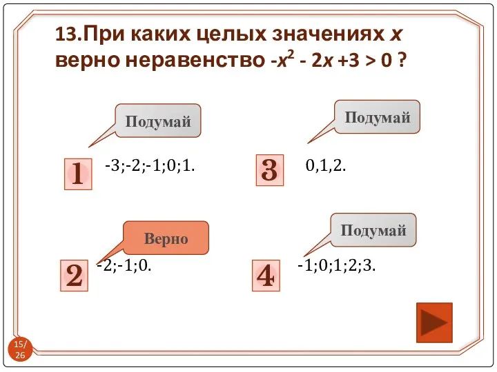 -3;-2;-1;0;1. 0,1,2. -2;-1;0. -1;0;1;2;3. 2 Подумай 3 Подумай 1 4 Подумай