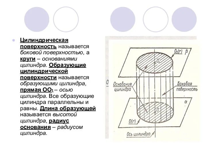 Цилиндрическая поверхность называется боковой поверхностью, а круги – основаниями цилиндра. Образующие