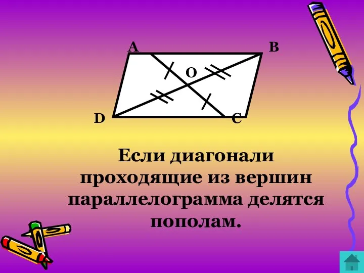 A B C D O Если диагонали проходящие из вершин параллелограмма делятся пополам.