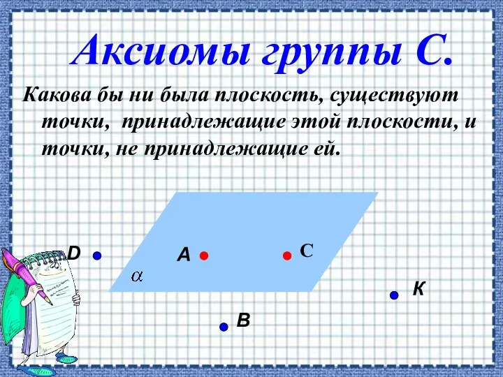 Аксиомы группы С. Какова бы ни была плоскость, существуют точки, принадлежащие