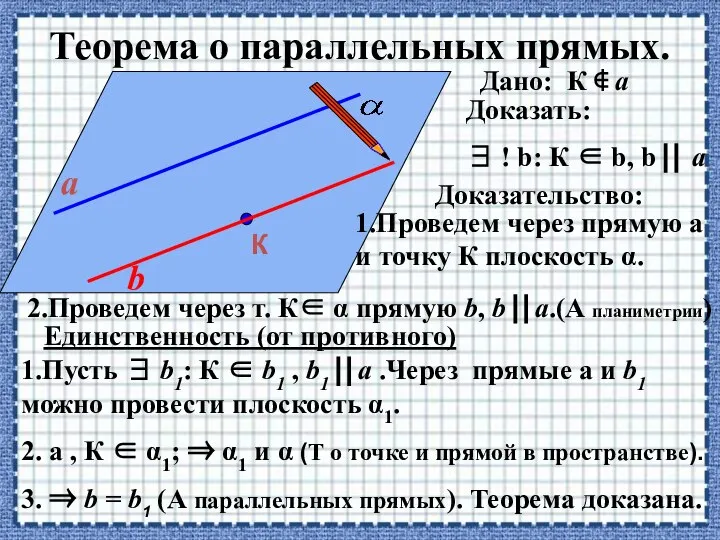 Теорема о параллельных прямых. К a b Дано: К  a