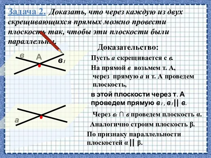 Задача 2. Доказать, что через каждую из двух скрещивающихся прямых можно