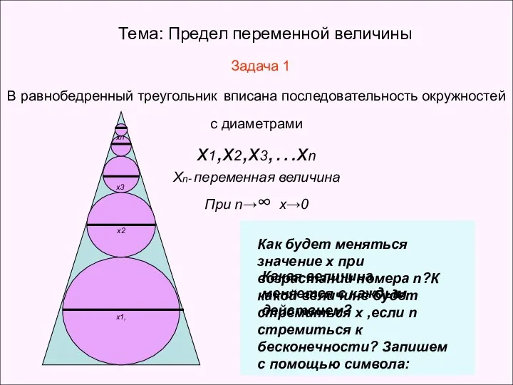 Тема: Предел переменной величины Задача 1 В равнобедренный треугольник вписана последовательность