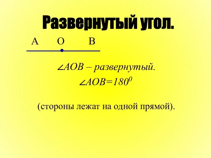 А О В ∠АОВ – развернутый. ∠АОВ=1800 (стороны лежат на одной прямой). Развернутый угол.