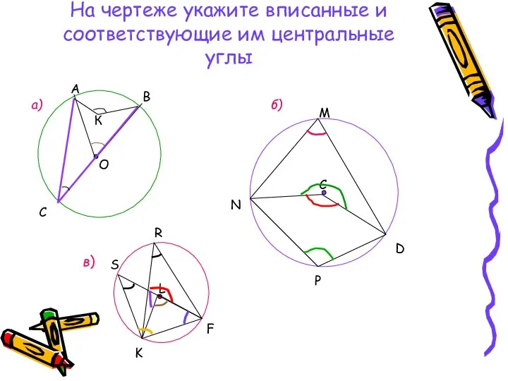 На чертеже укажите вписанные и соответствующие им центральные углы А В